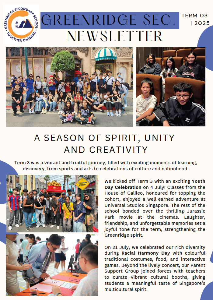 Greenridge Secondary School newsletter for Term 3 2025 featuring student photos and text about school activities.
