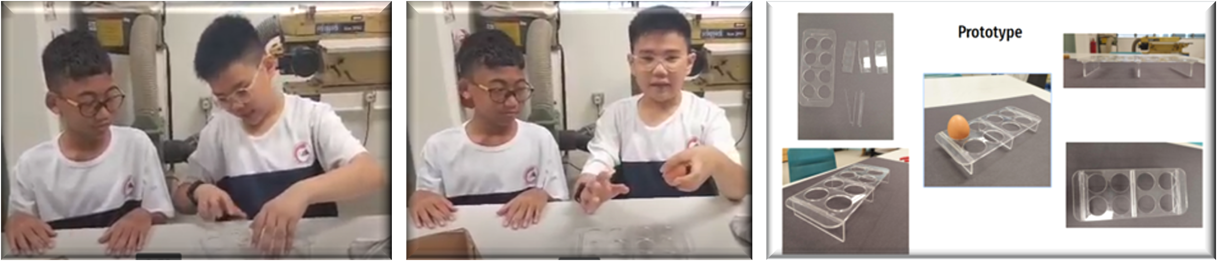 Two boys in white uniforms work at a table, alongside a slide showing clear plastic egg tray prototypes.