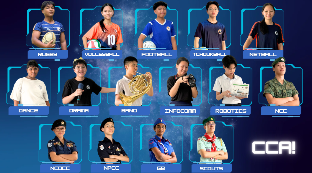 Thirteen students in uniforms representing school CCAs including Rugby, Volleyball, Football, Band, NCC, Scouts, and more.