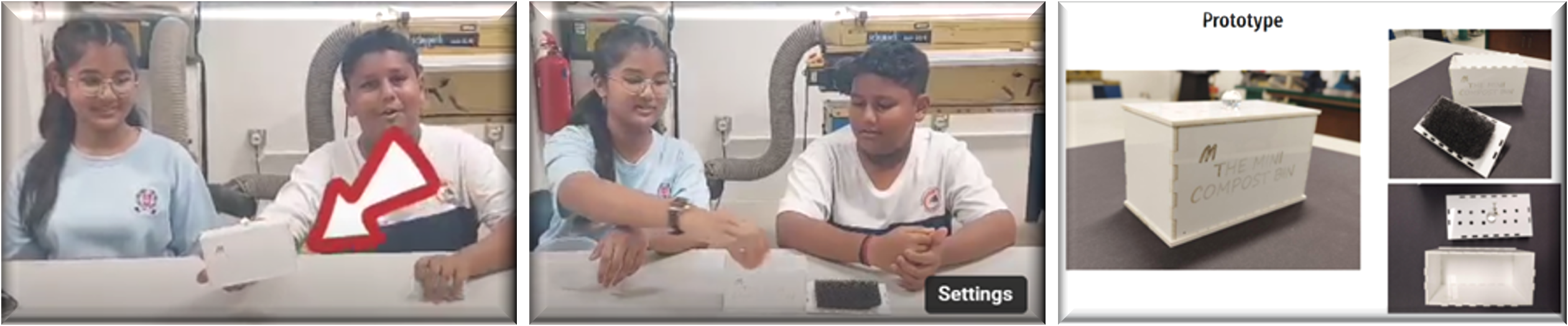 Two children present a white box prototype in a workshop, shown in video stills and product photos labeled "Prototype."