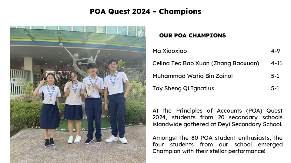 Four Greenridge Secondary School students emerged as Champions of POA Quest 2024, outperforming participants from 20 secondary schools and demonstrating excellence in accounting knowledge, teamwork, and problem-solving.