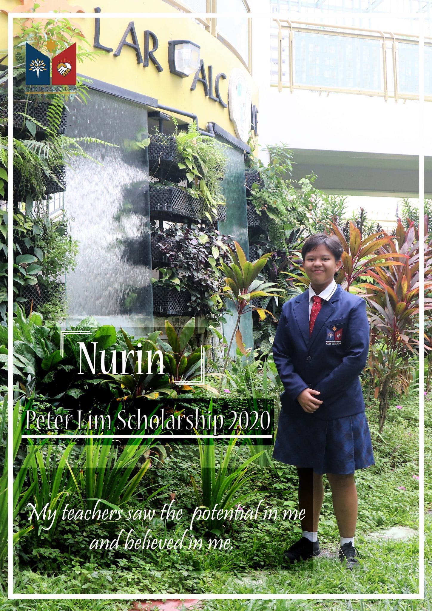Student named Nurin in a blue school uniform stands outdoors among lush plants, representing Peter Lim Scholarship 2020.