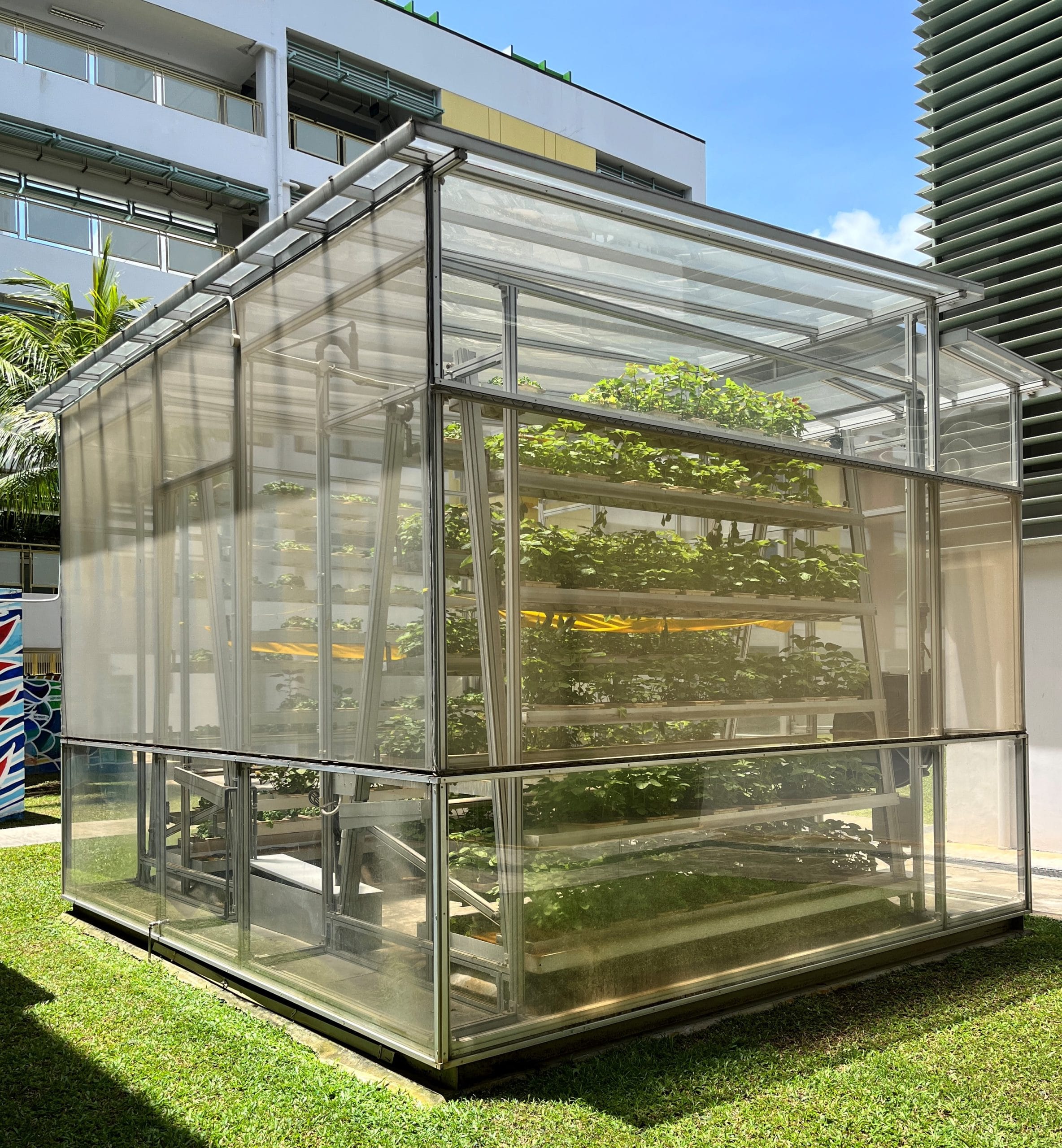 A box like structure with transparent walls with pulley system to house plant and/or vegatables.
