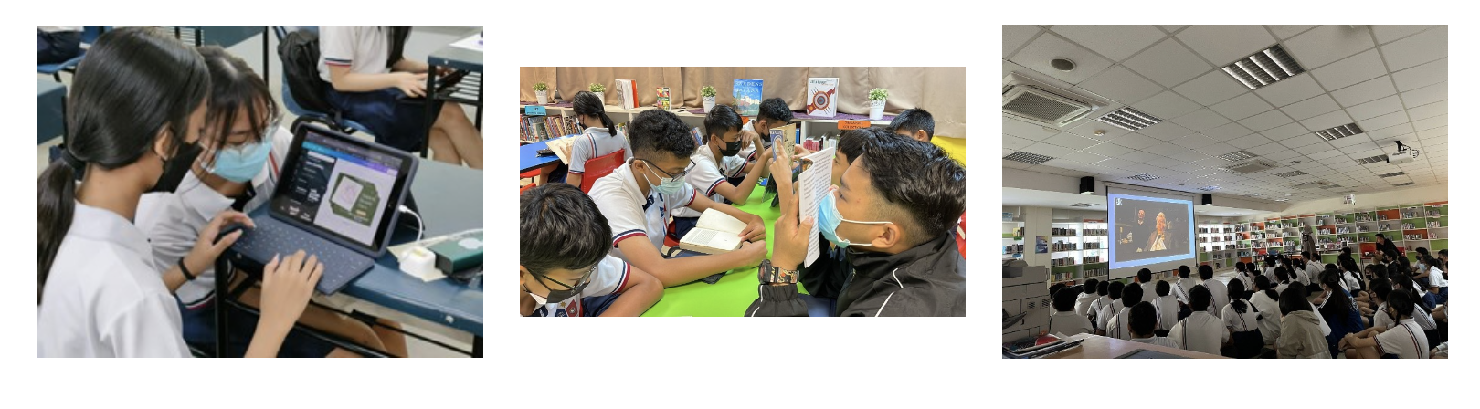 Three school scenes: students using a tablet, reading books in a library, and watching a projected screen together.