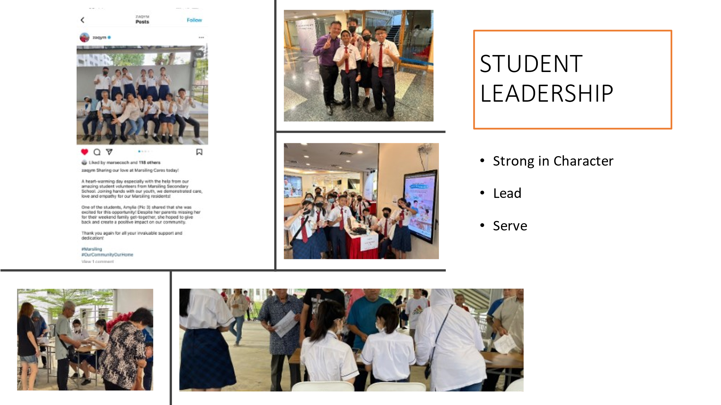 Slide titled Student Leadership showing photos of uniformed students volunteering at a community event with bullet points.