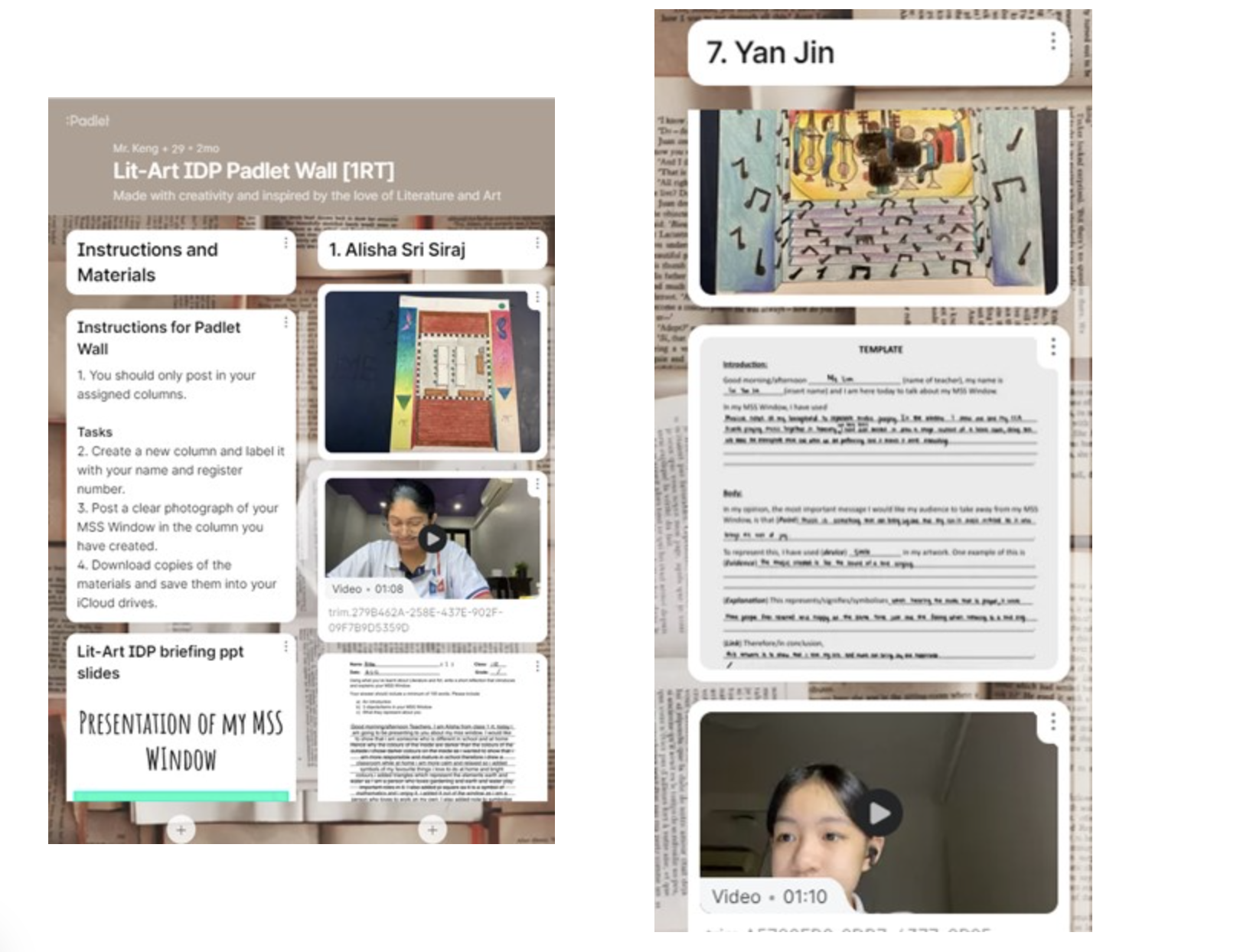 Two screenshots of a Padlet wall showing student art and video submissions for a Lit-Art IDP school project.