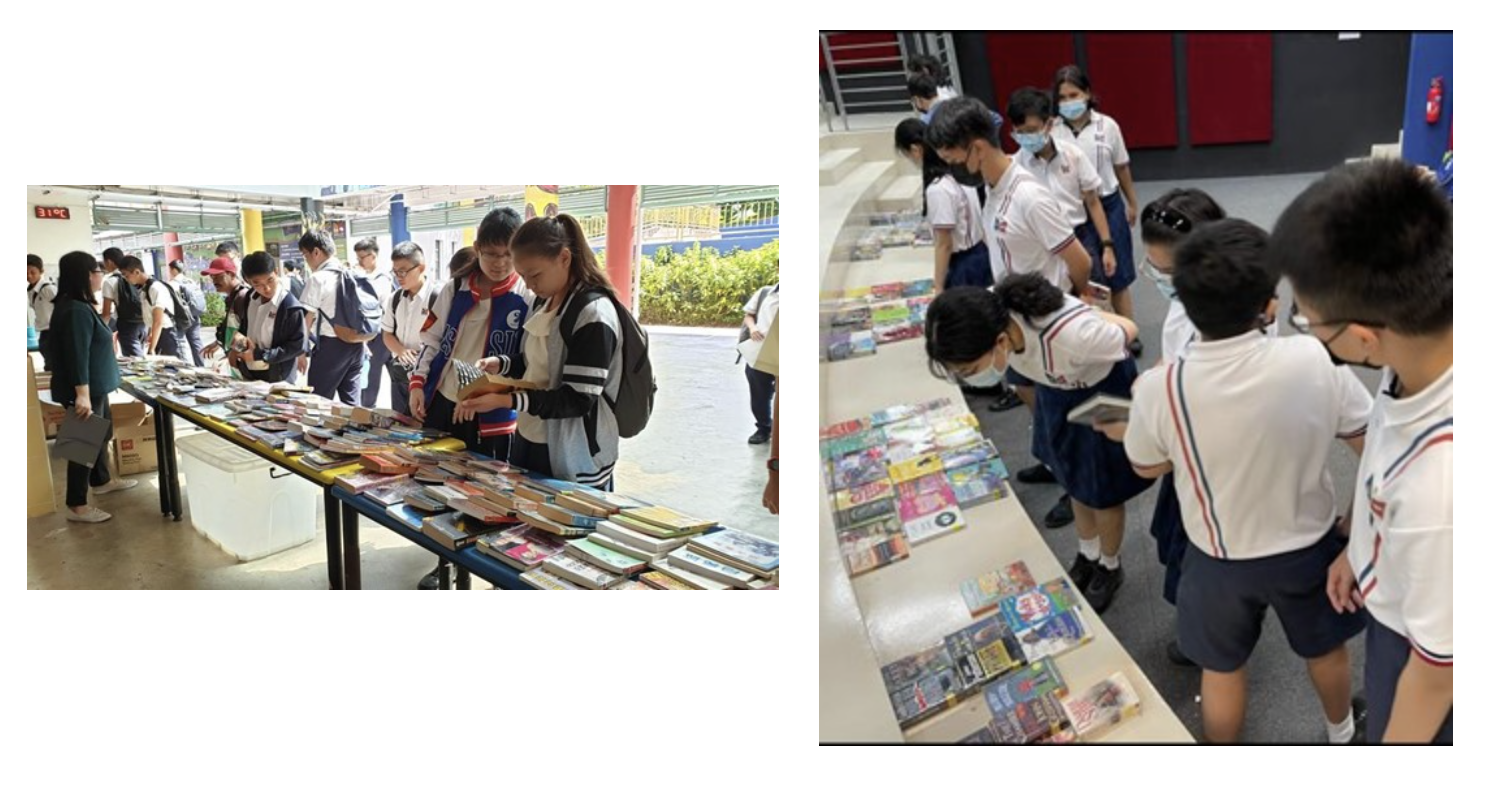 Students in uniforms browse tables covered with many books laid out flat during a school book fair.