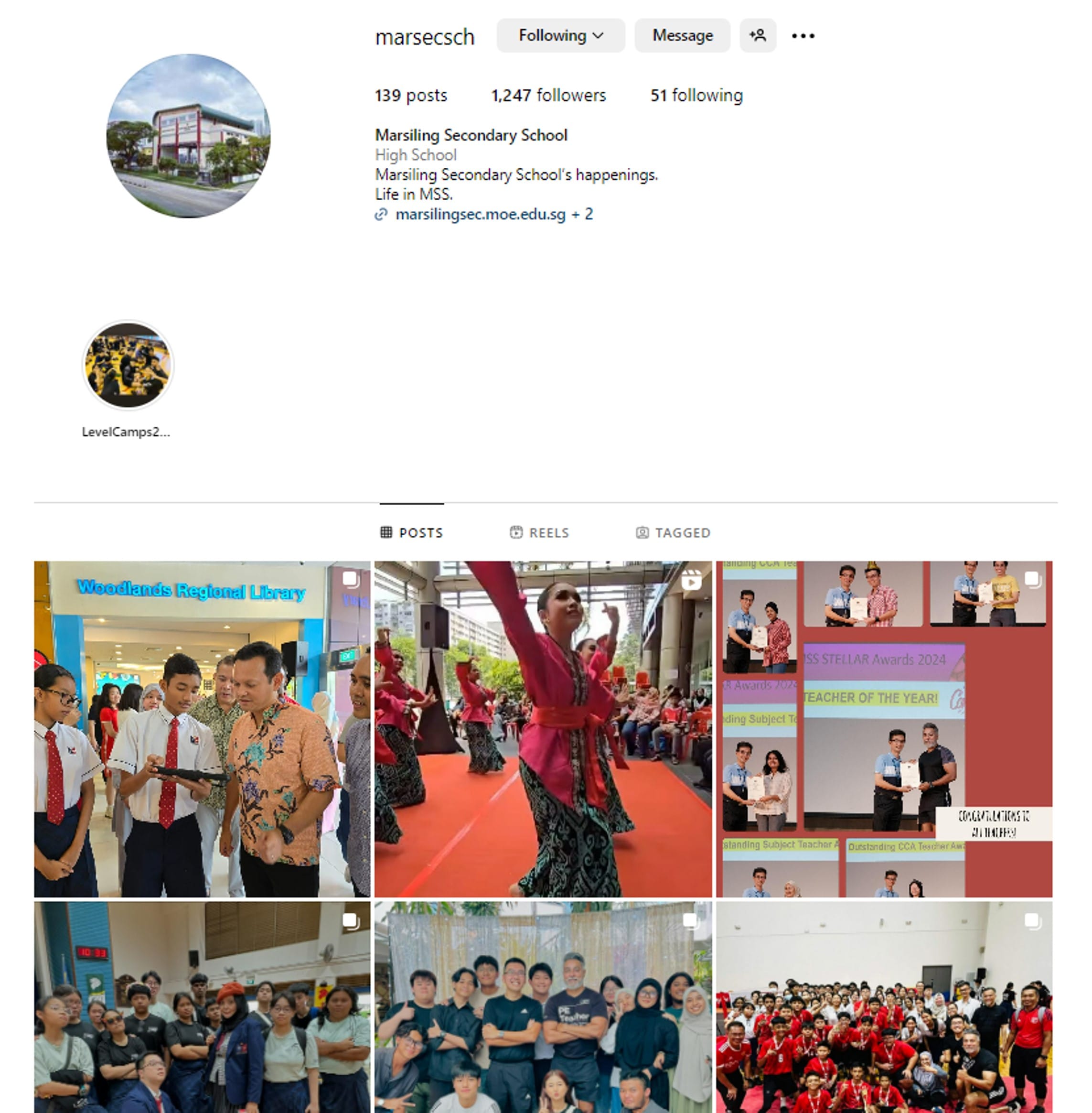 Instagram profile of Marsiling Secondary School showing 139 posts, 1,247 followers, and a grid of school event photos.
