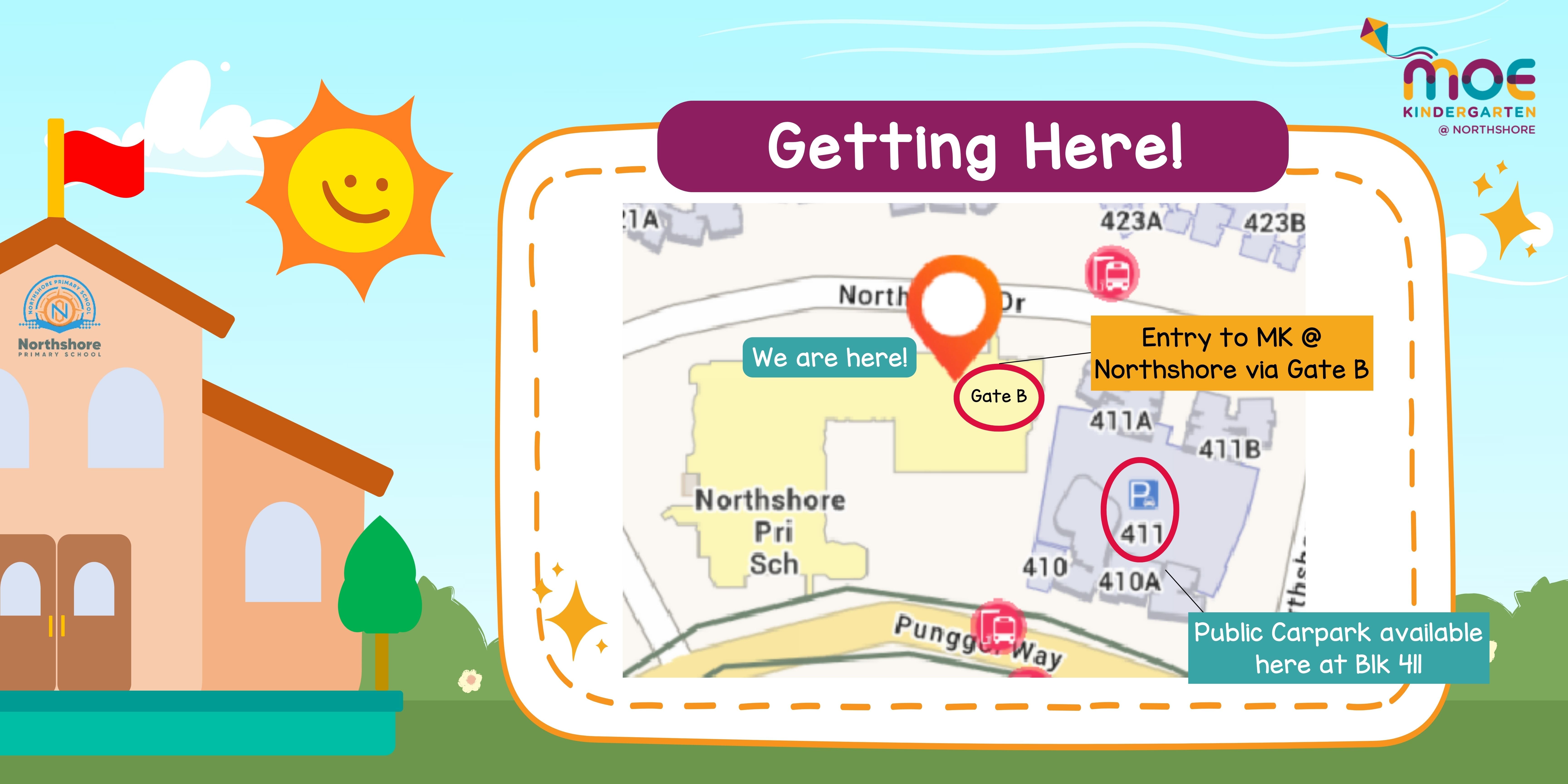 Map showing MOE Kindergarten at Northshore Primary School, with Gate B entry and public carpark at Blk 411.
