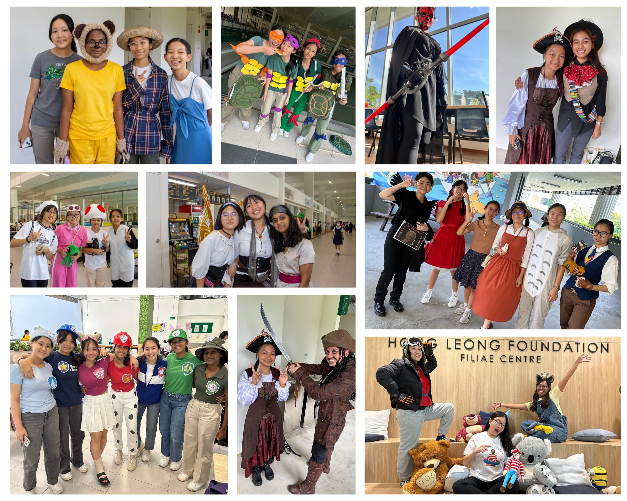 Groups of students in various costumes including pirates, Ninja Turtles, and Paw Patrol at Hong Leong Foundation.