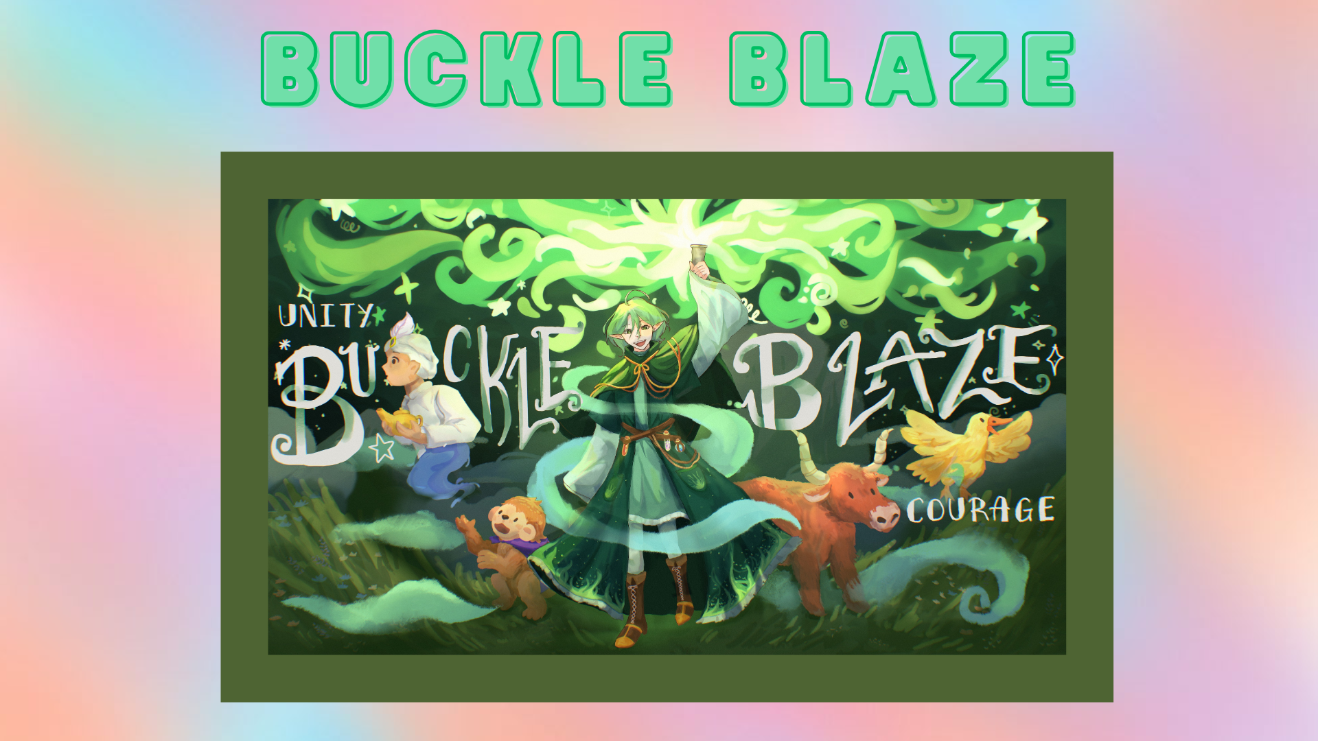 Green-themed game art titled Buckle Blaze showing an elf casting magic, a child, bear cub, bull, and yellow bird.