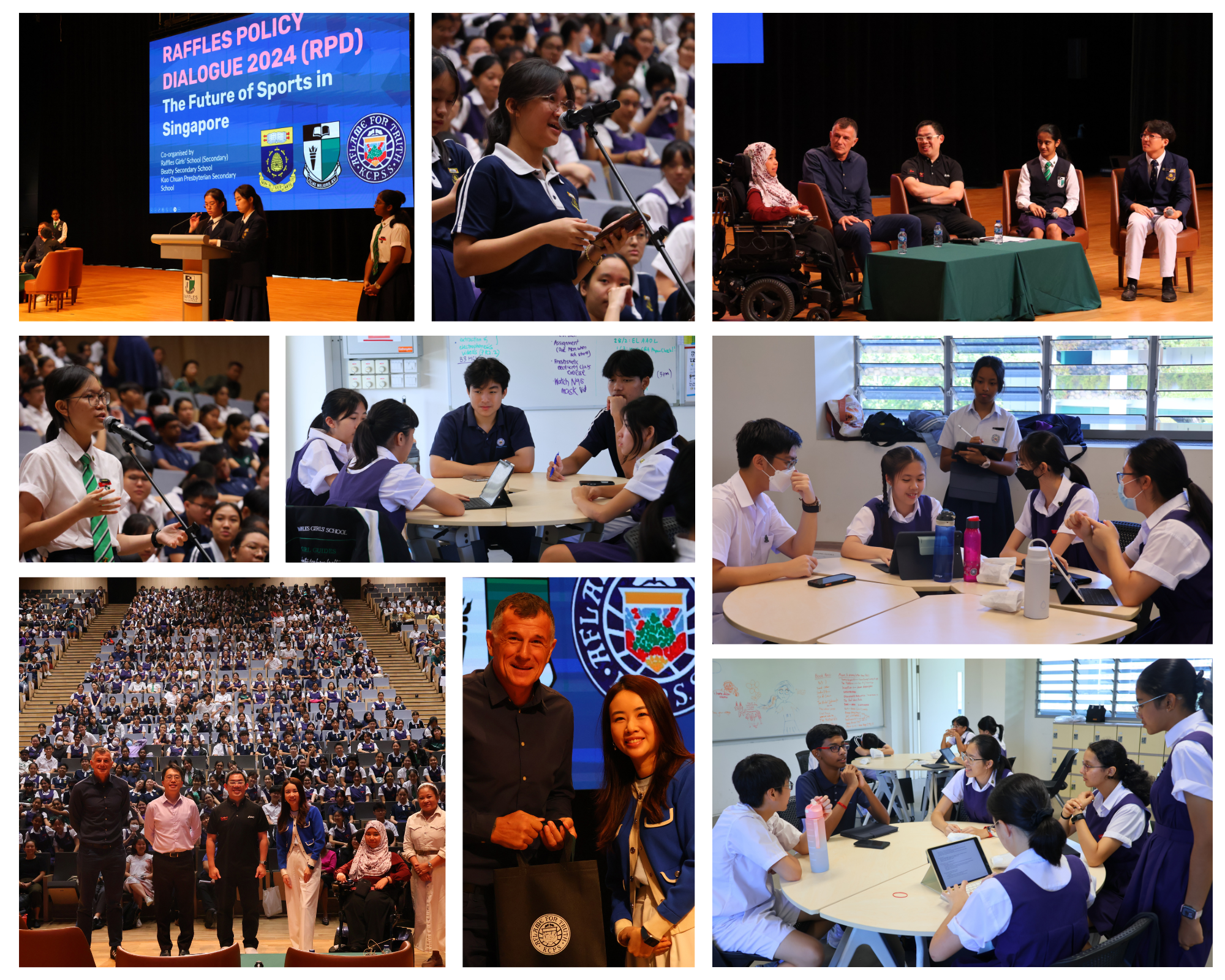 Collage of a school policy dialogue: stage panel, students asking questions, group discussions, and auditorium photo.