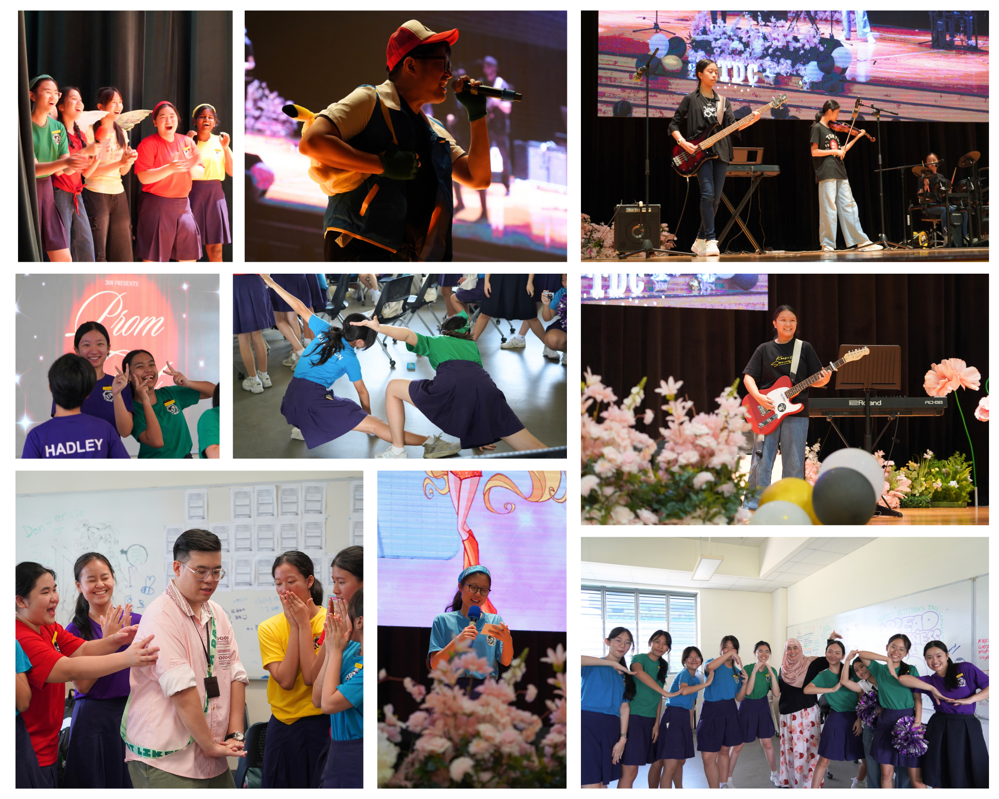 A photo collage of students in class posing for photos with their teachers, and instrumental and singing performances on stage.