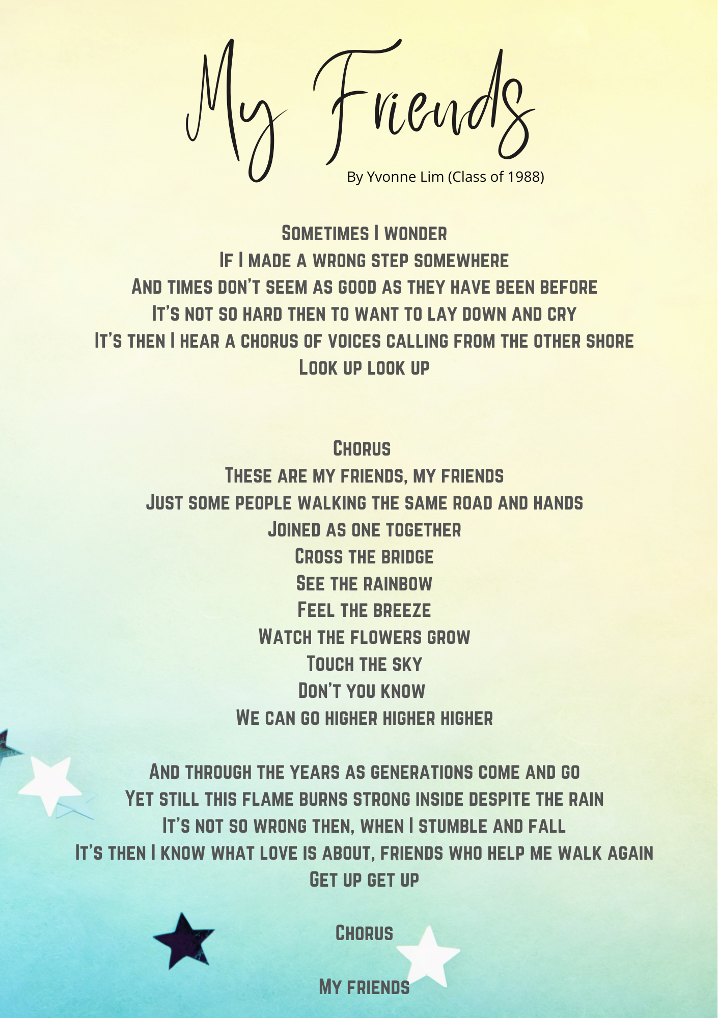 Poem titled "My Friends" by Yvonne Lim, Class of 1988, with star decorations on a yellow-to-teal background.