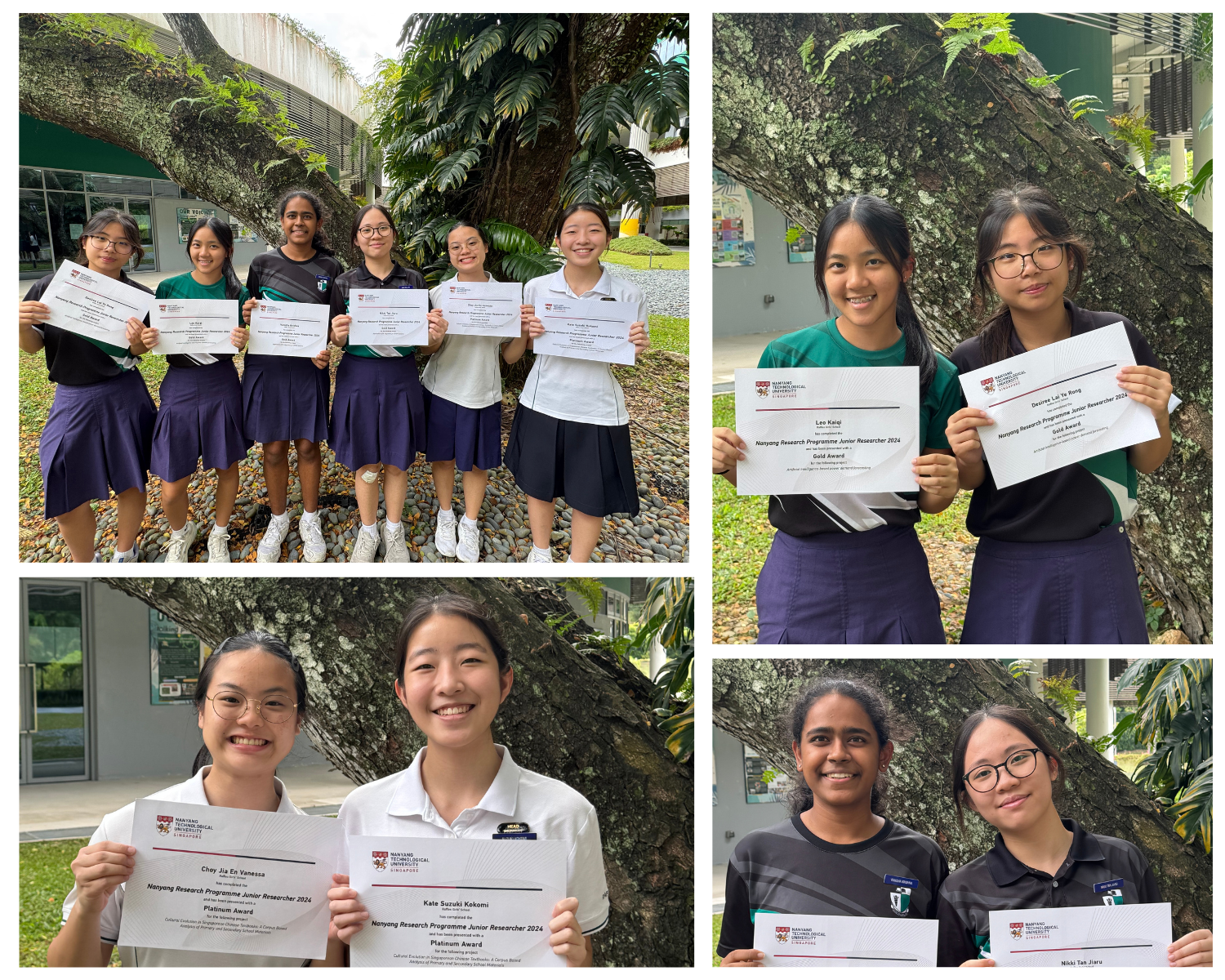 Students in school uniforms hold Nanyang Research Programme Junior Researcher 2024 award certificates outdoors.