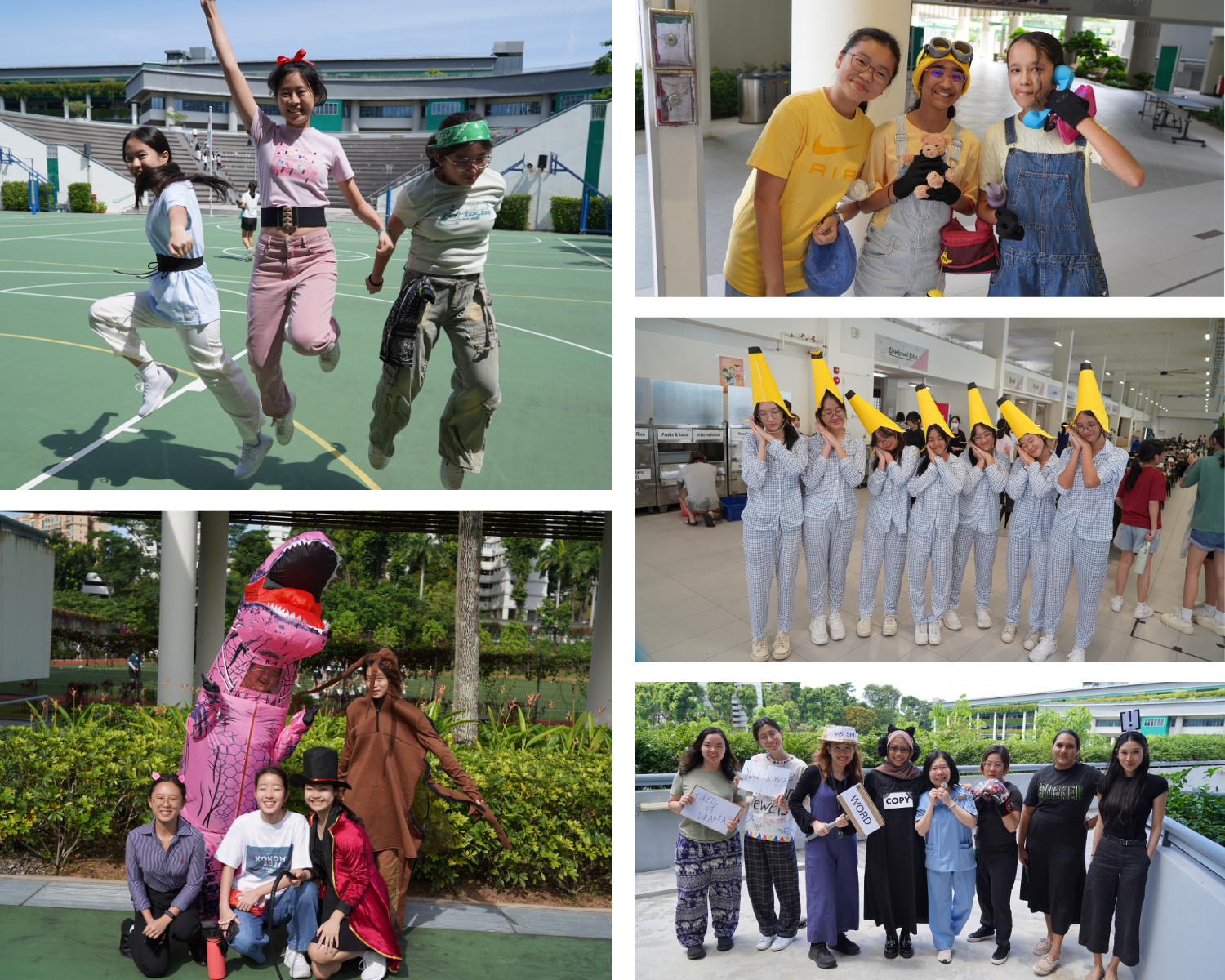 Collage of students jumping on a court and posing in costumes and matching outfits in school hallways and outdoors.