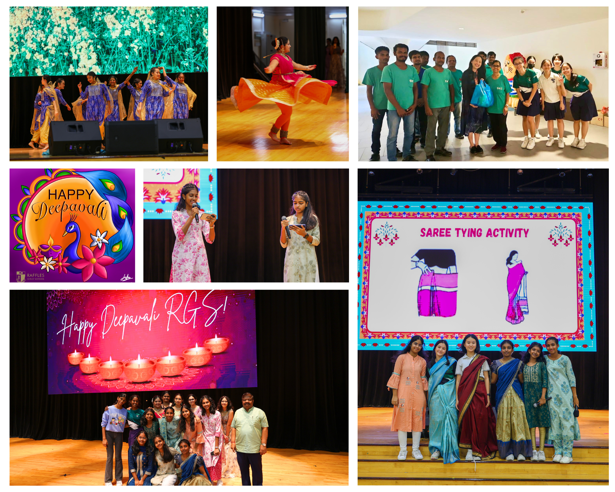 Collage of Diwali event: dancers on stage, group photos, presenters, and “Saree Tying Activity” slide.