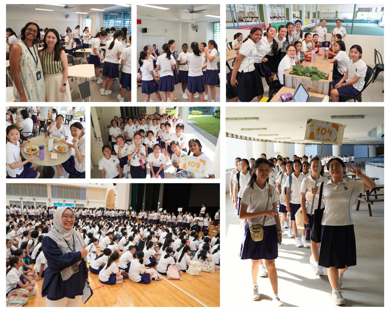 Collage of schoolgirls in white and navy uniforms at various school activities indoors and outdoors.