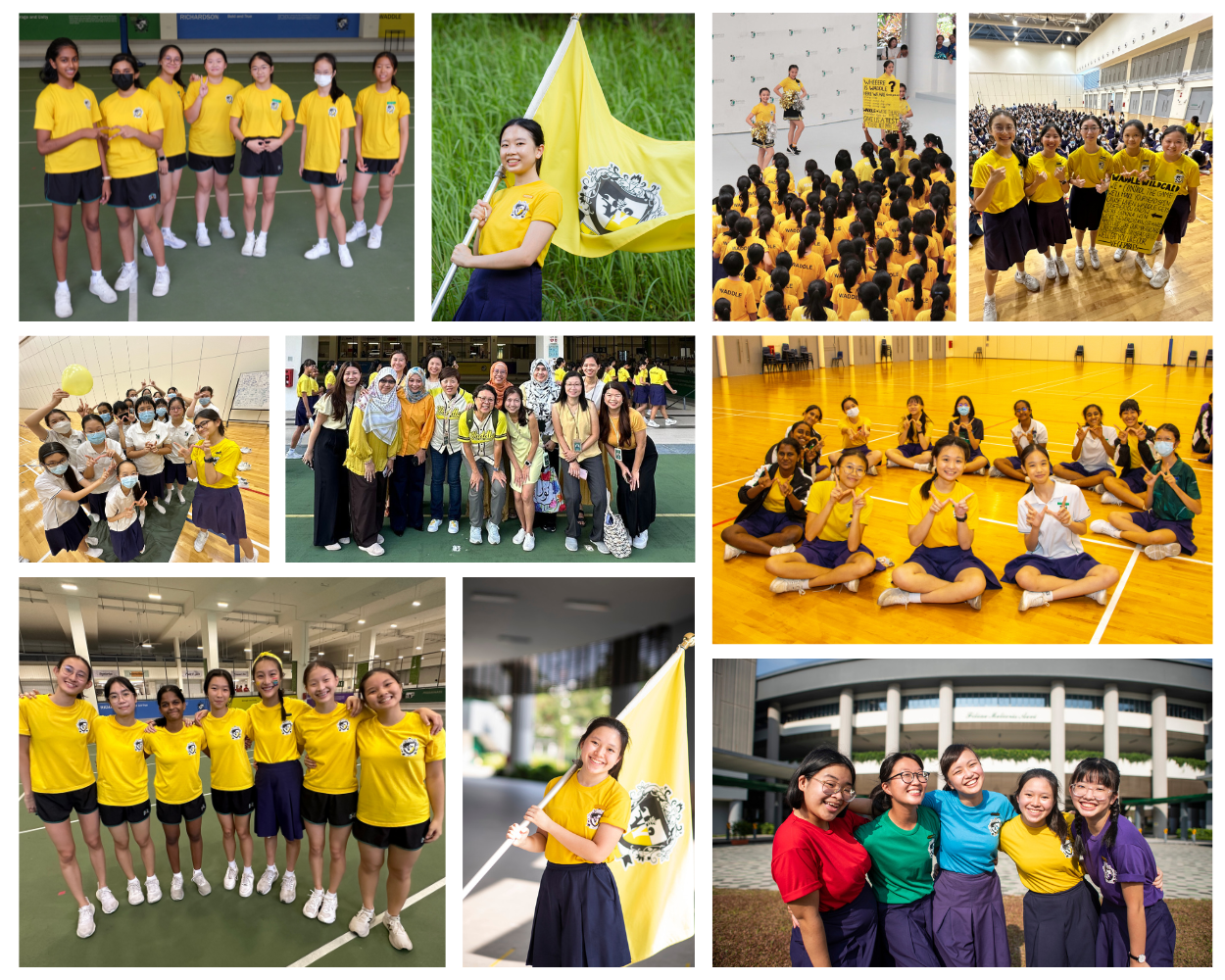 Collage of school students in yellow uniforms posing, cheering, and holding yellow flags at various school events.