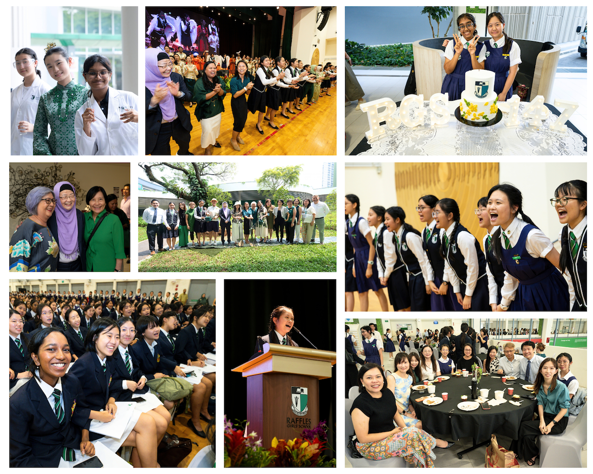 A collage of students and other adults doing cheers, people having a group photo at a garden, and a cake.