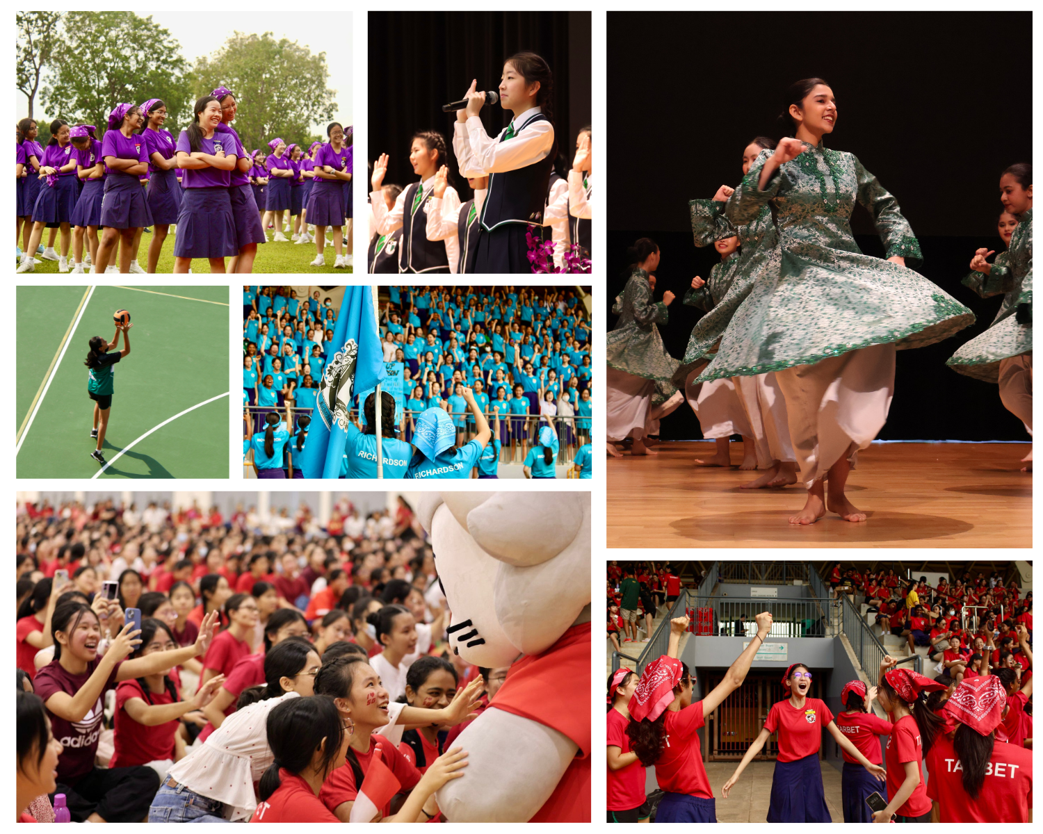 Collage of school girls in various activities: dancing on stage, singing, playing netball, and cheering at events.
