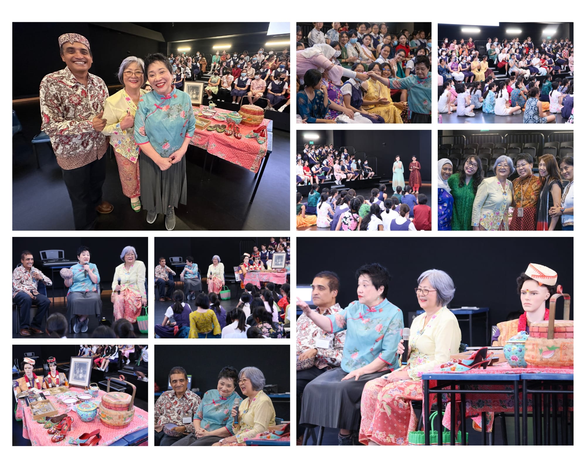 A collage of a cultural event with people in traditional Asian attire presenting to a large seated audience in a theater.