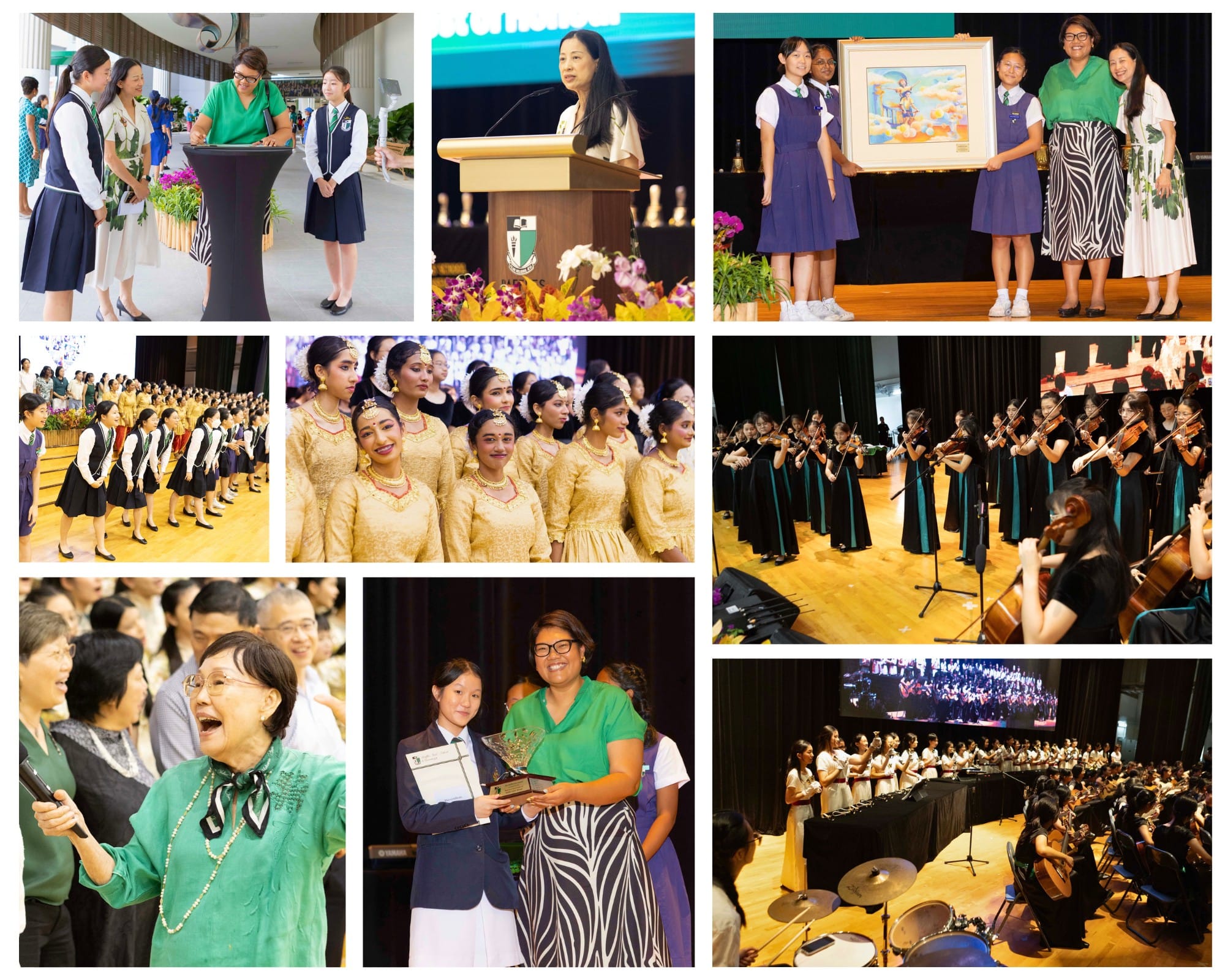 Collage of school event showing students performing, receiving awards, dancing in gold costumes, and playing string instruments.