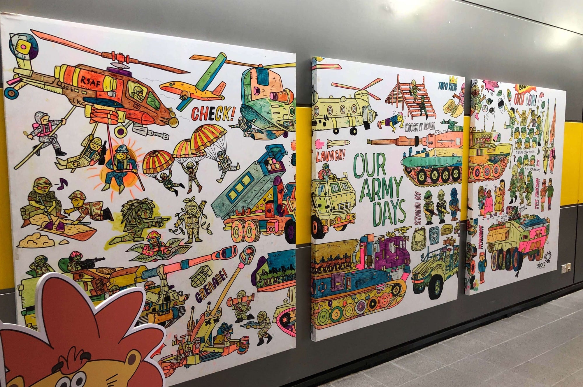 Three colorful comic-style wall panels titled "Our Army Days" showing military vehicles, helicopters, soldiers, and tanks.