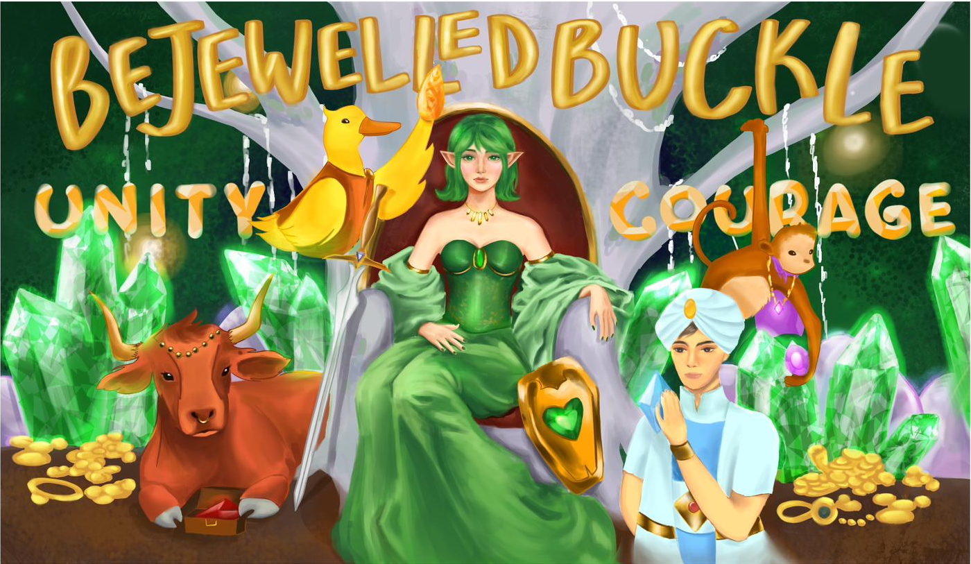 Fantasy artwork titled Bejewelled Buckle showing a green-haired elf queen, a boy with turban, cow, yellow bird, monkey, and green crystals.