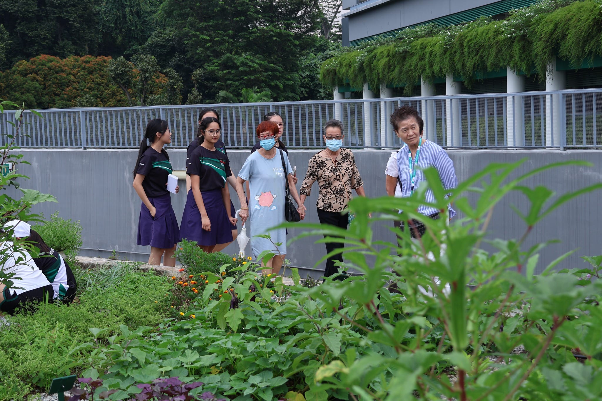 A group of students and older women walk along a garden path lined with green plants and colorful flowers outdoors.
