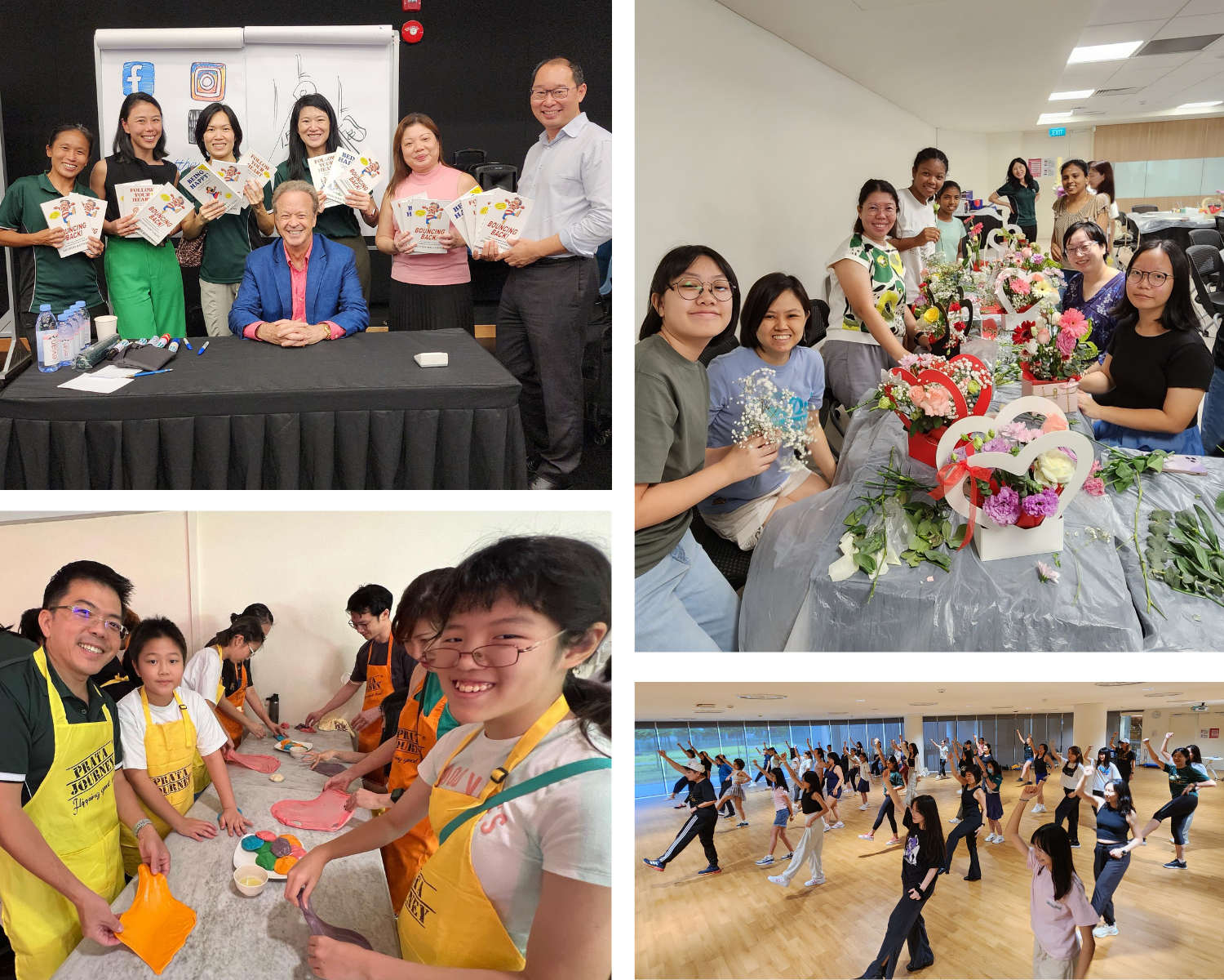 Collage of groups: book signing, flower arranging, slime making, and a large group dance class in studios.