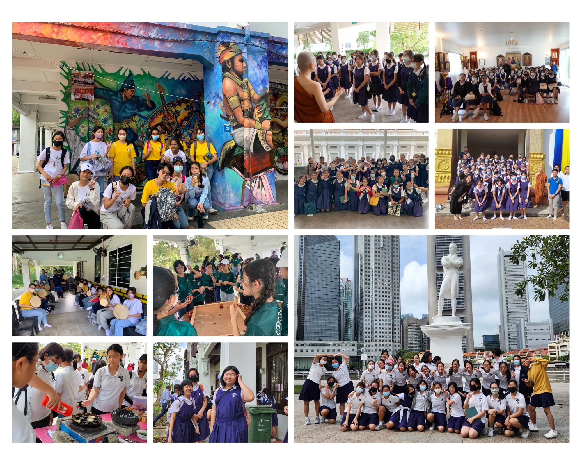 Students in school uniforms on a field trip, visiting murals, temples, a church, and a riverside statue in Singapore.