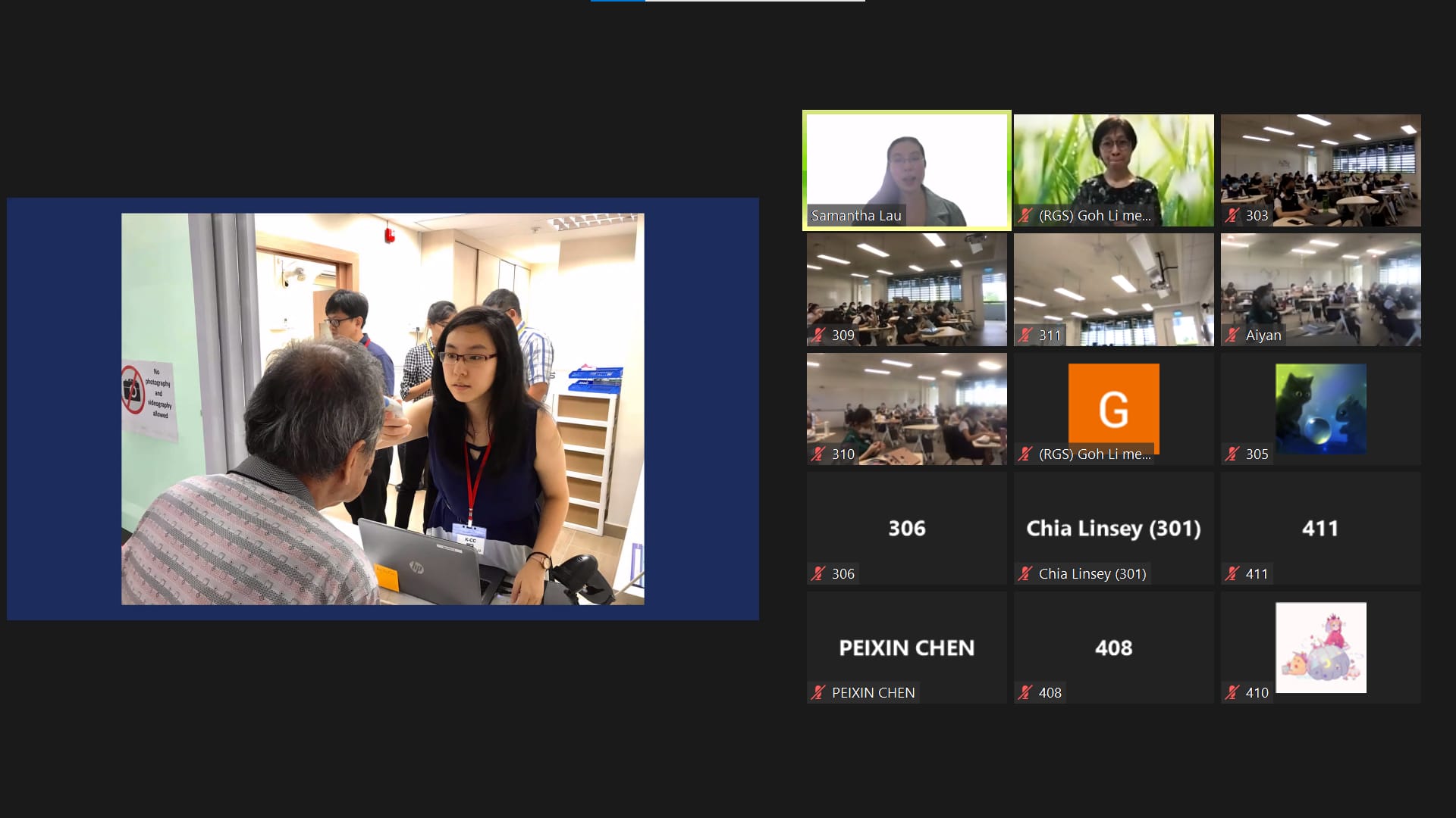 A video call screen showing multiple participants alongside a photo of a young woman with a laptop talking to an older man.
