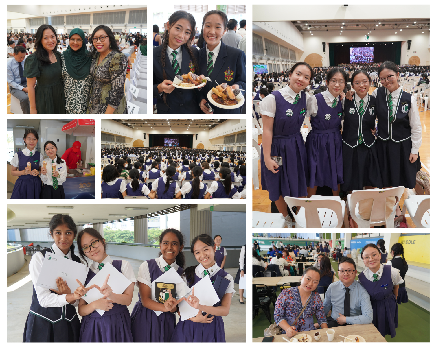 Collage of school girls in navy uniforms with green ties at a large indoor school event, posing and smiling.