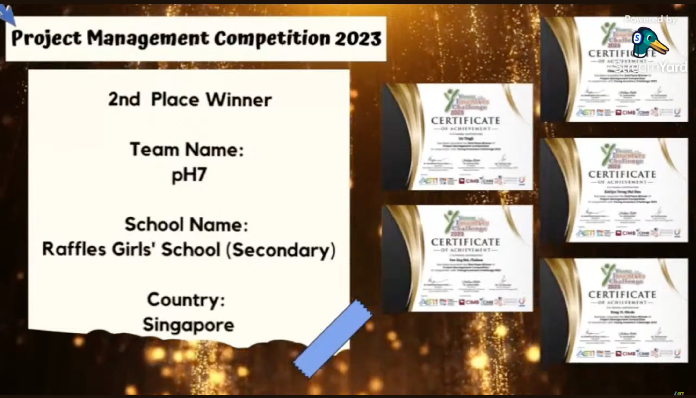 Slide announcing 2nd Place Winner of Project Management Competition 2023, team pH7 from Raffles Girls' School, Singapore.