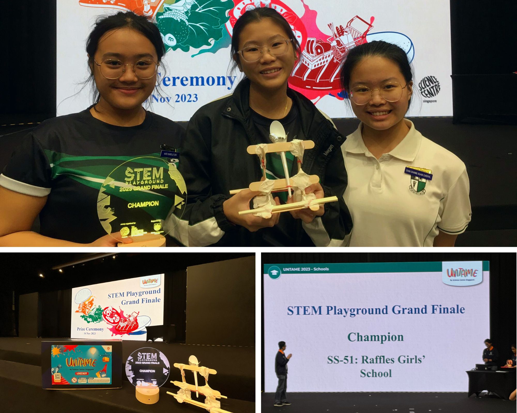 Three smiling girls hold a Champion trophy and wooden catapult at the STEM Playground 2023 Grand Finale Prize Ceremony.