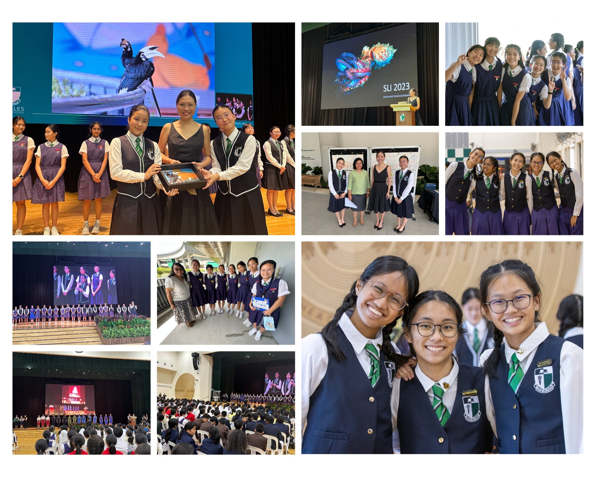 Collage of school girls in uniforms at SLI 2023 event, showing award presentations, group photos, and auditorium gatherings.
