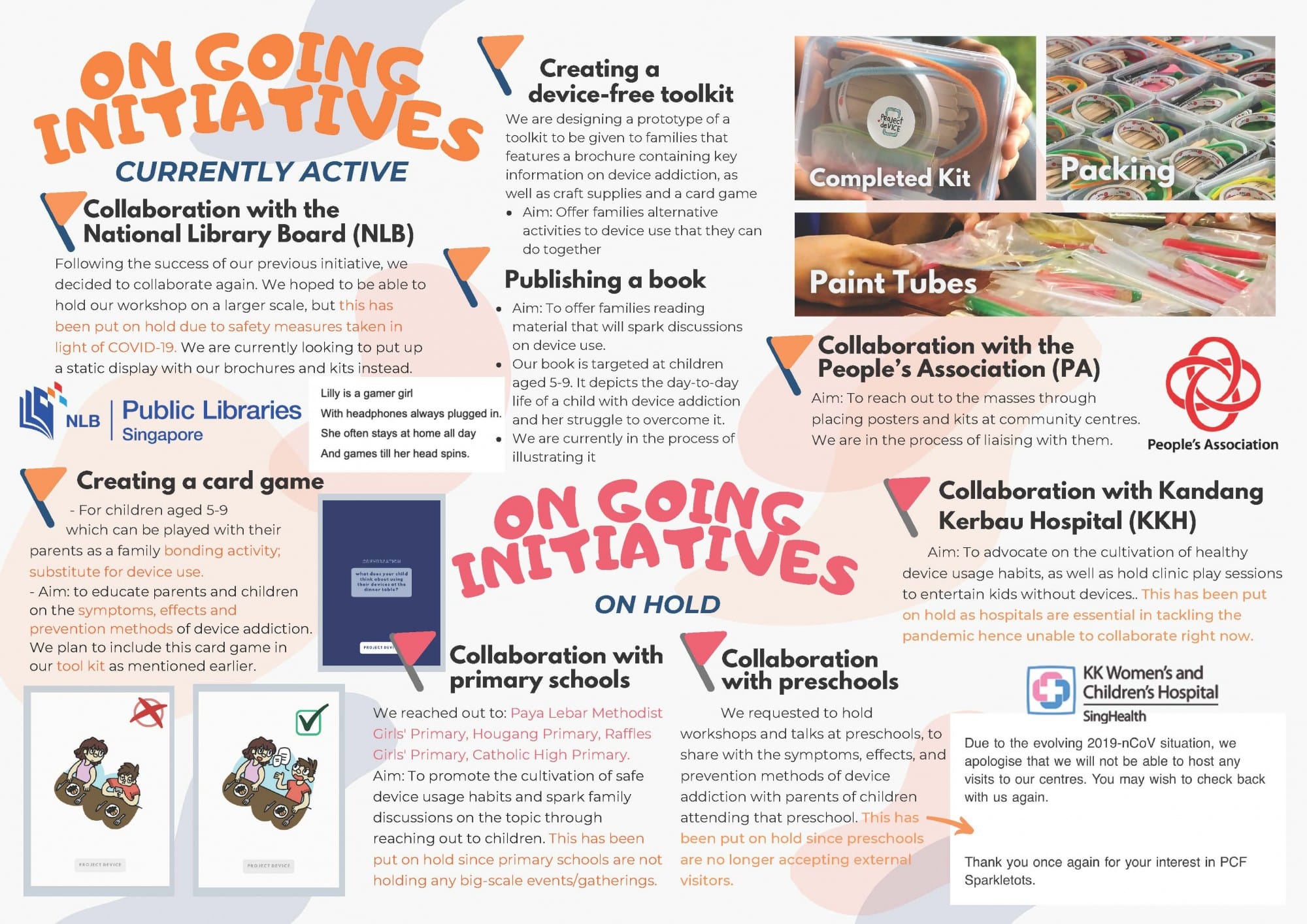 Infographic titled "On Going Initiatives" listing active and on-hold projects about device addiction for children.