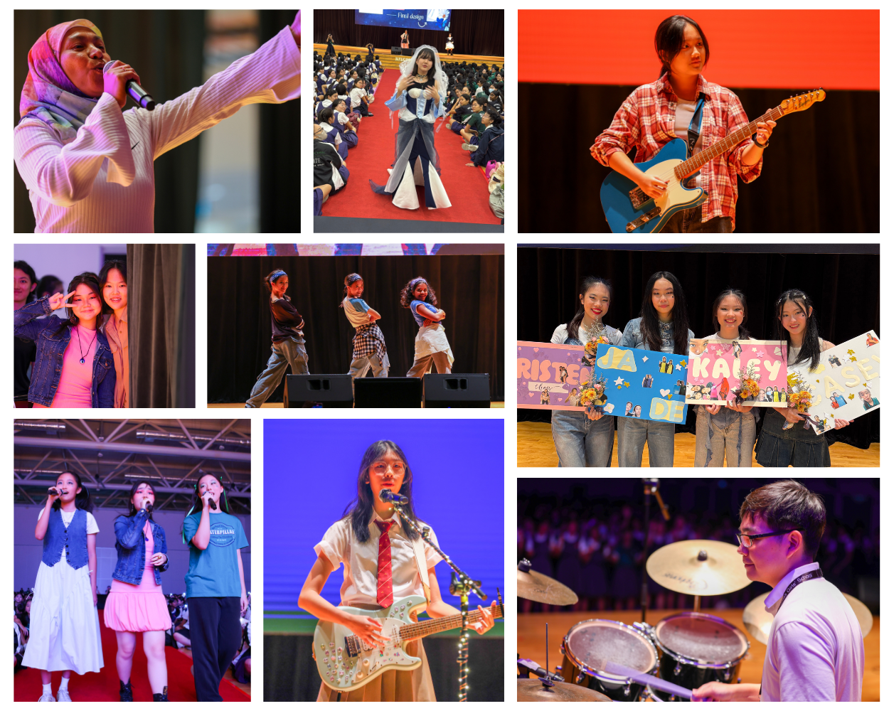 Collage of students performing on stage, singing, playing guitar, dancing, drumming, and posing with decorative signs.