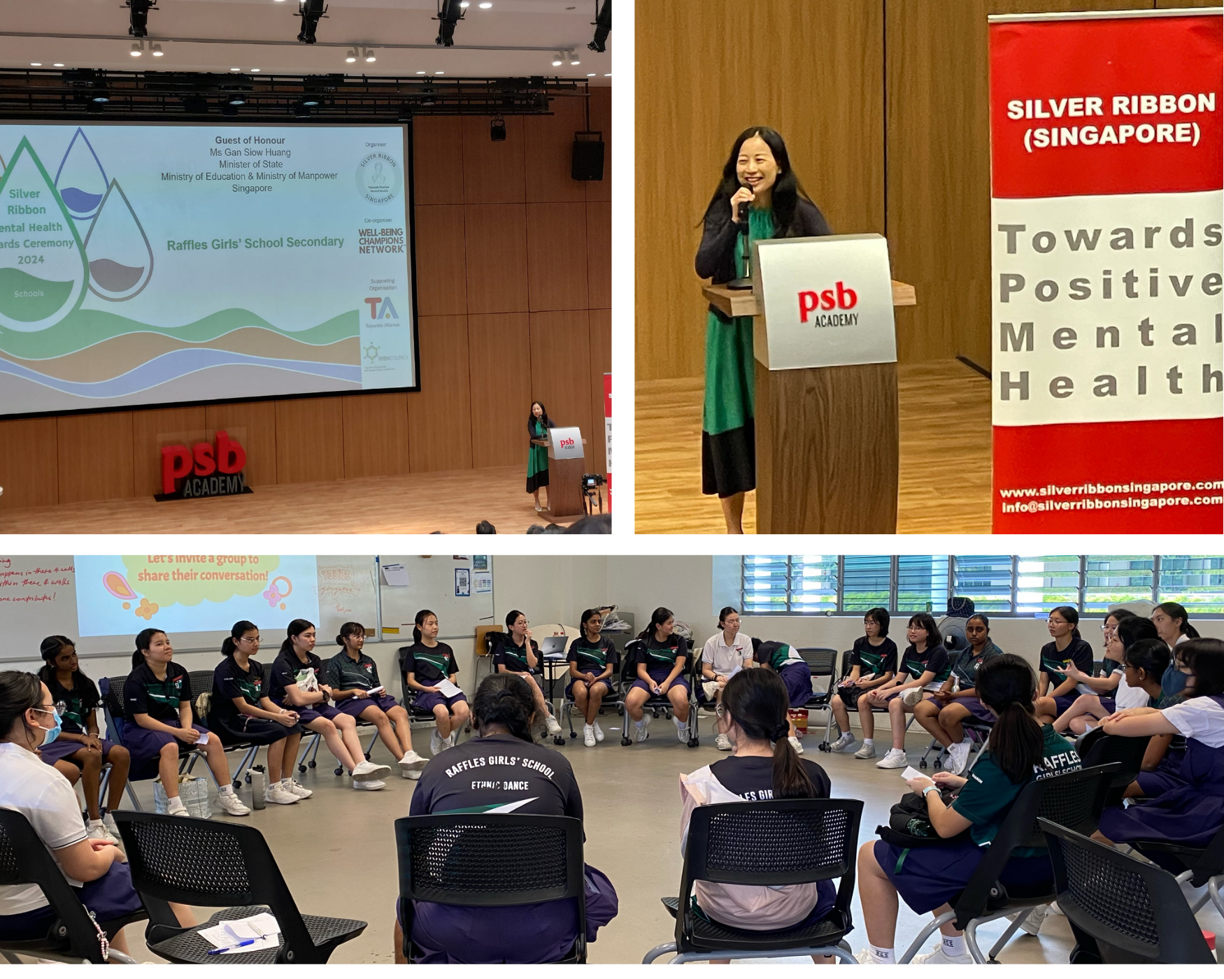 Collage: woman speaks at psb podium; students sit in classroom circle discussion; mental health event slides shown.