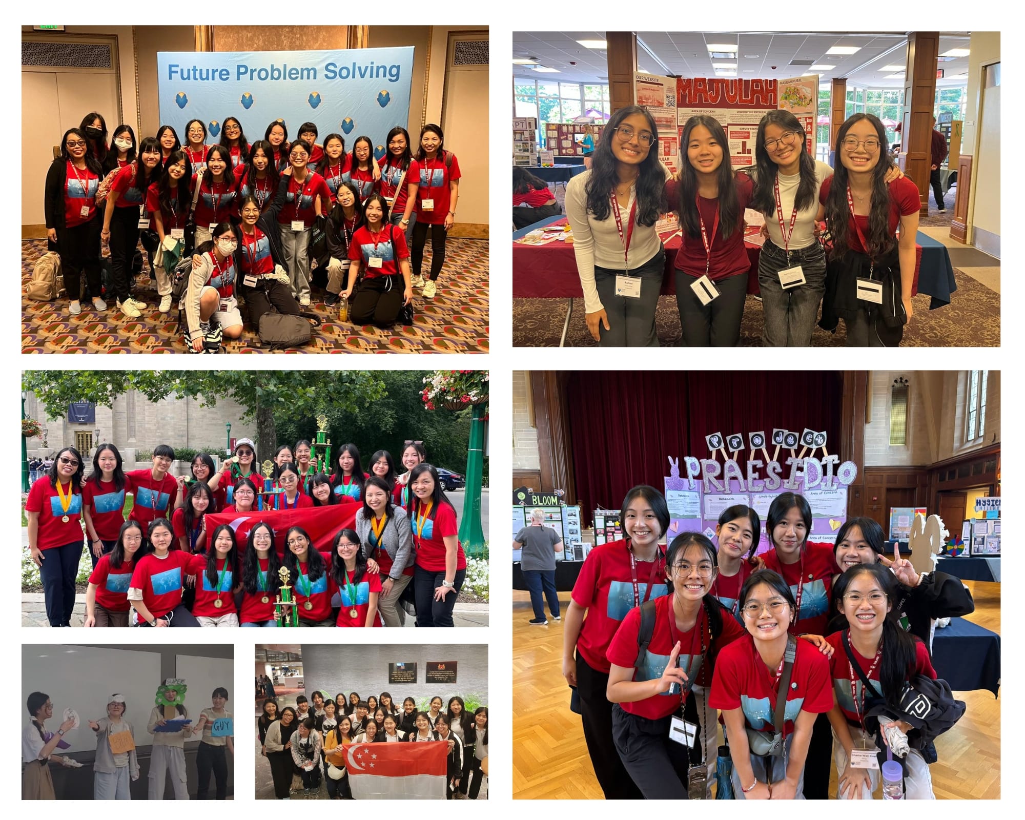 Students in red shirts pose at a Future Problem Solving competition, holding trophies and a Singapore flag.