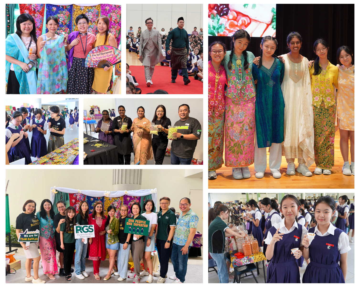 Collage of a school Racial Harmony Day event with students and teachers in traditional Asian attire, cultural booths, and group photos.