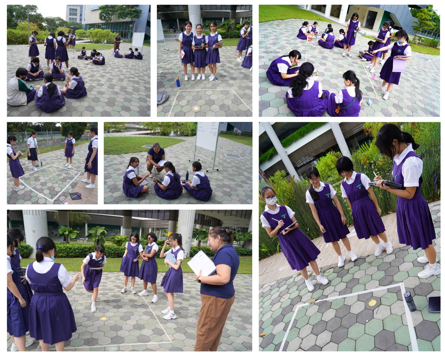 Students in purple uniforms work on outdoor activities on a hexagonal-tiled courtyard, supervised by a teacher.
