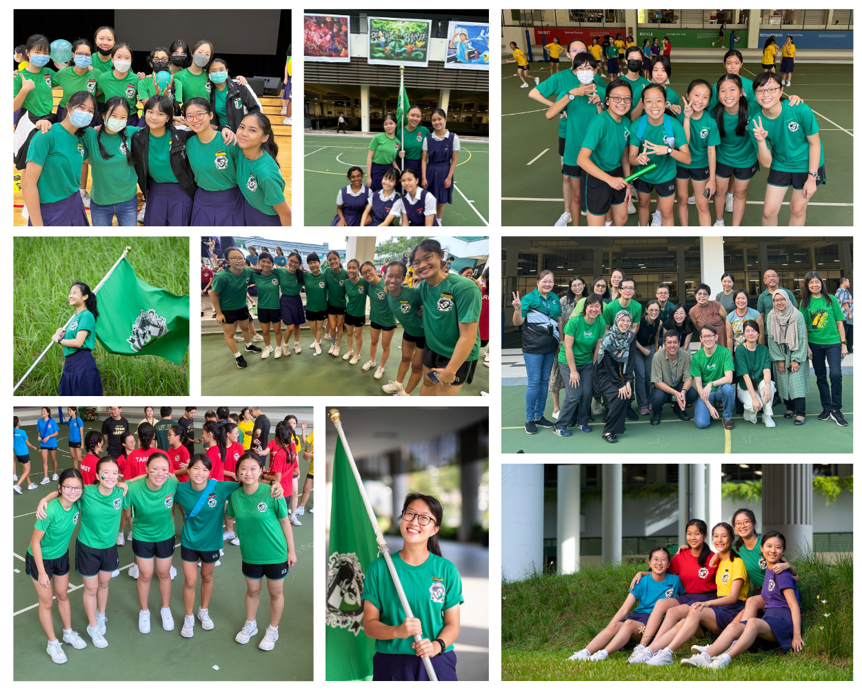 Collage of school students in green team shirts posing in groups at various sports and school events.