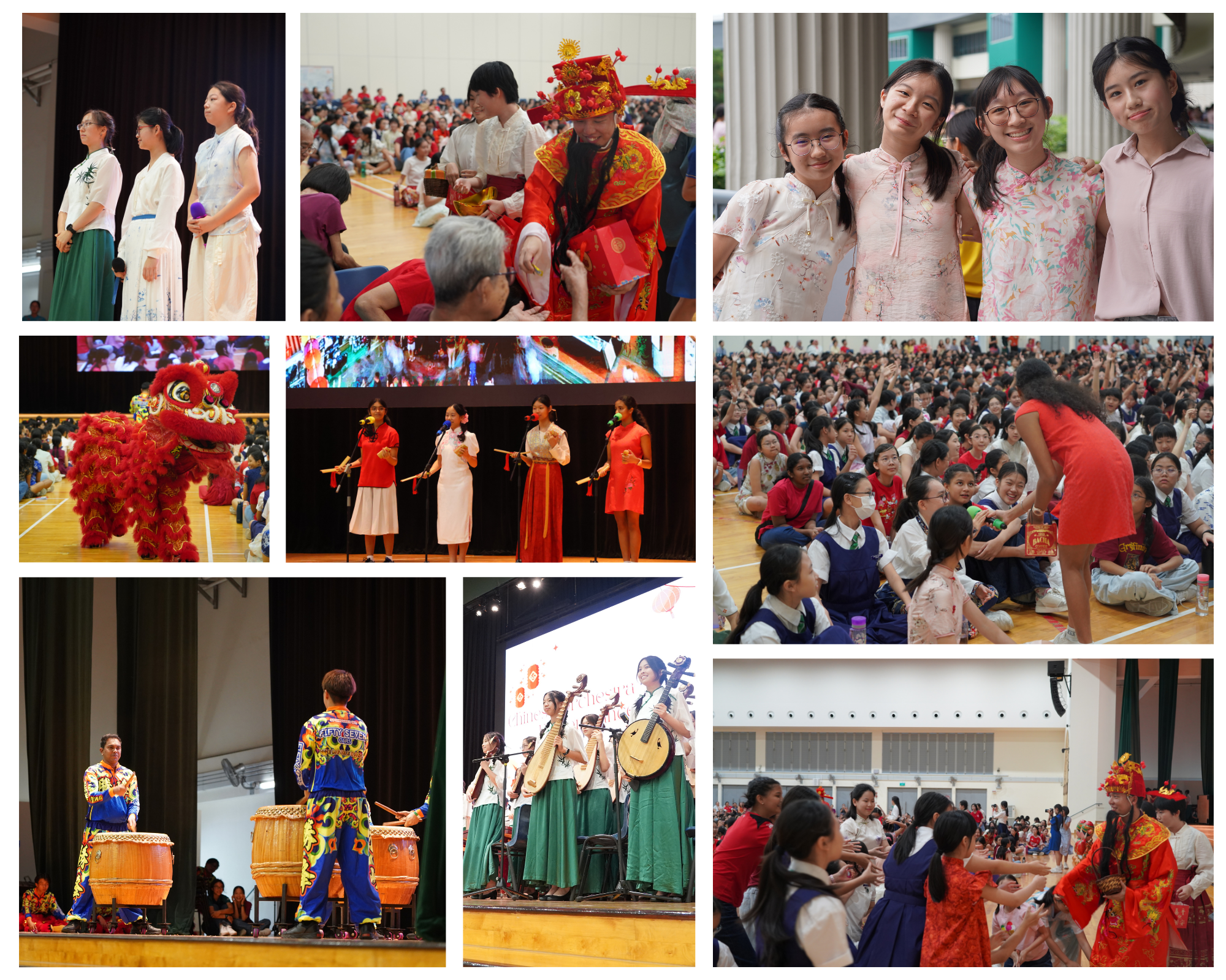 Collage of cultural event: stage performances, lion dance, crowded indoor hall, and group photo of students in the chinese traditional costume..