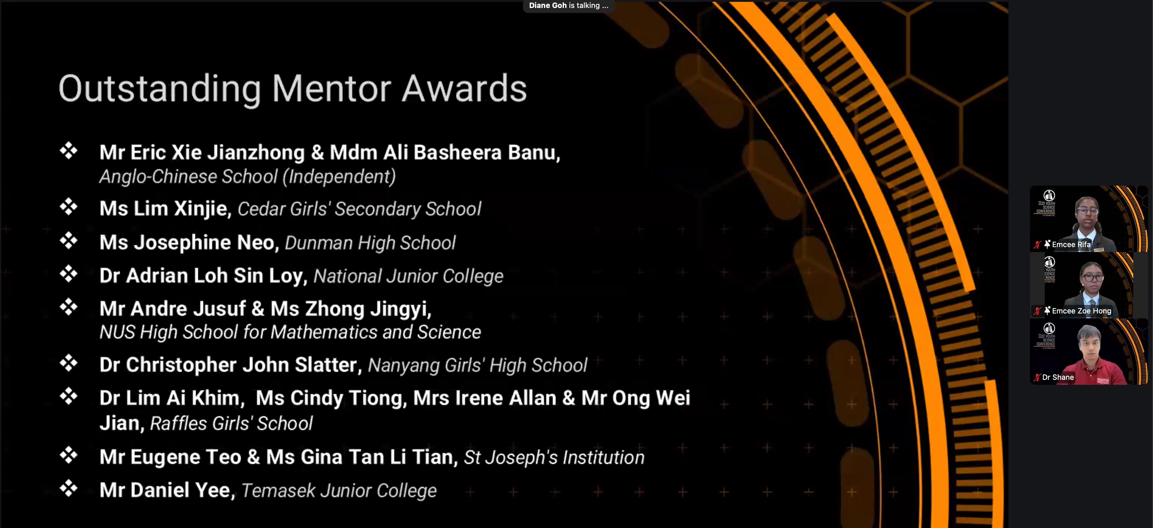 Slide listing Outstanding Mentor Awards recipients and their schools, shown during a virtual meeting with three visible participants.