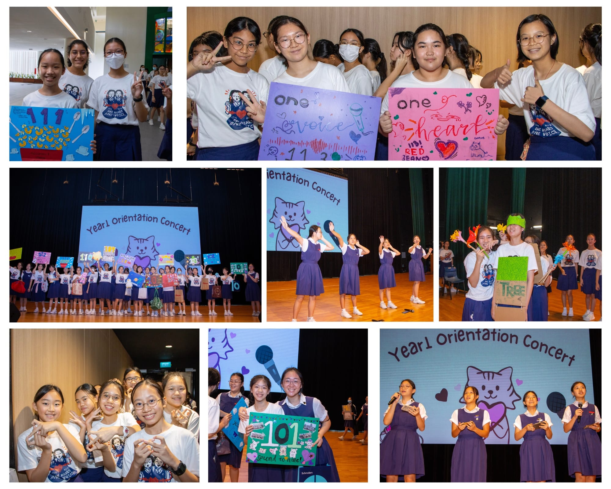 Collage of school girls in uniform at a Year 1 Orientation Concert, holding colorful signs and performing on stage.