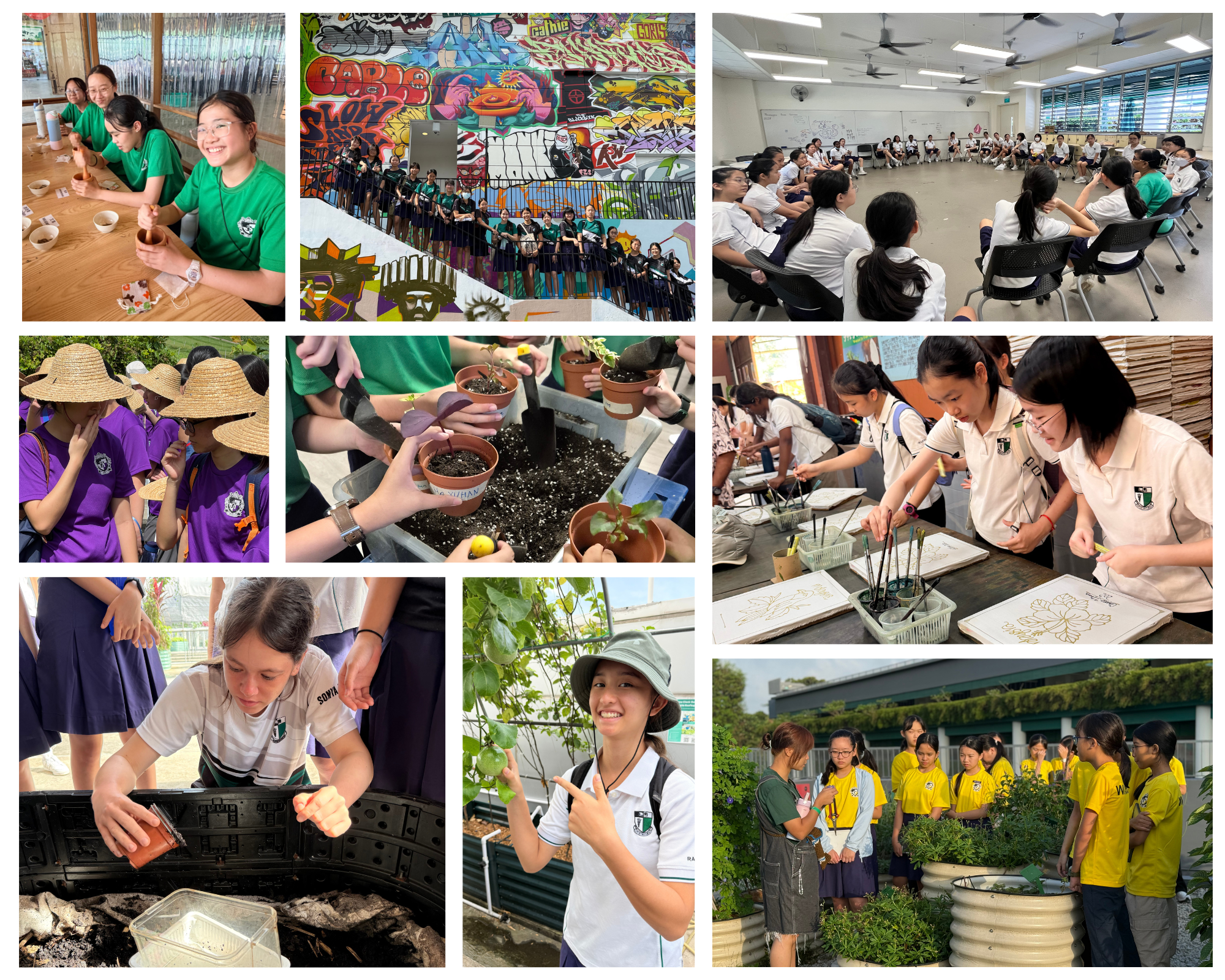 Collage of students in activities: eating, mural visit, group circle, planting, painting, gardening outdoors.