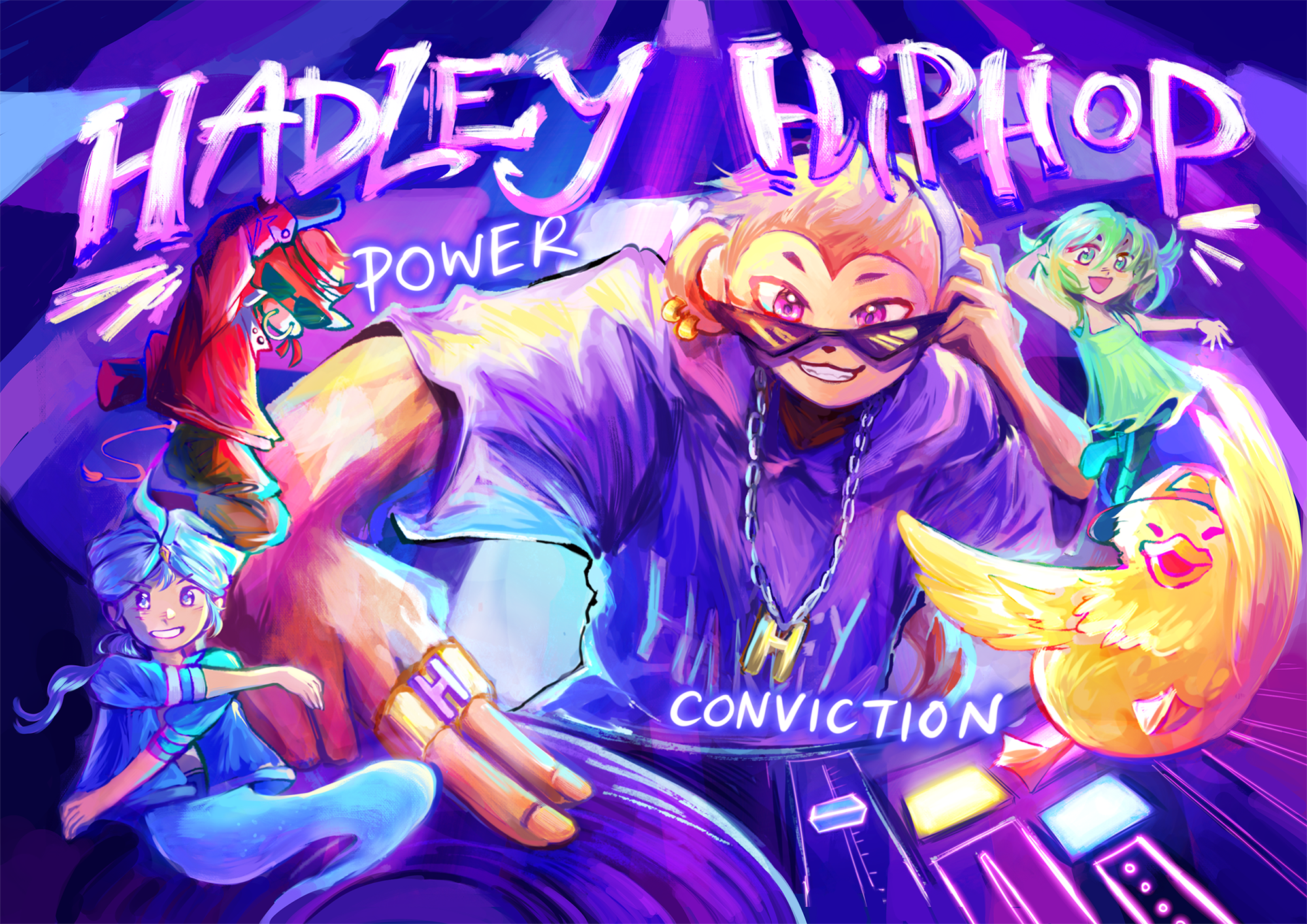 Colorful poster reading HADLEY HIPHOP, showing a monkey posing as a DJ in shades with dancers, DJ lights, and a yellow bird.