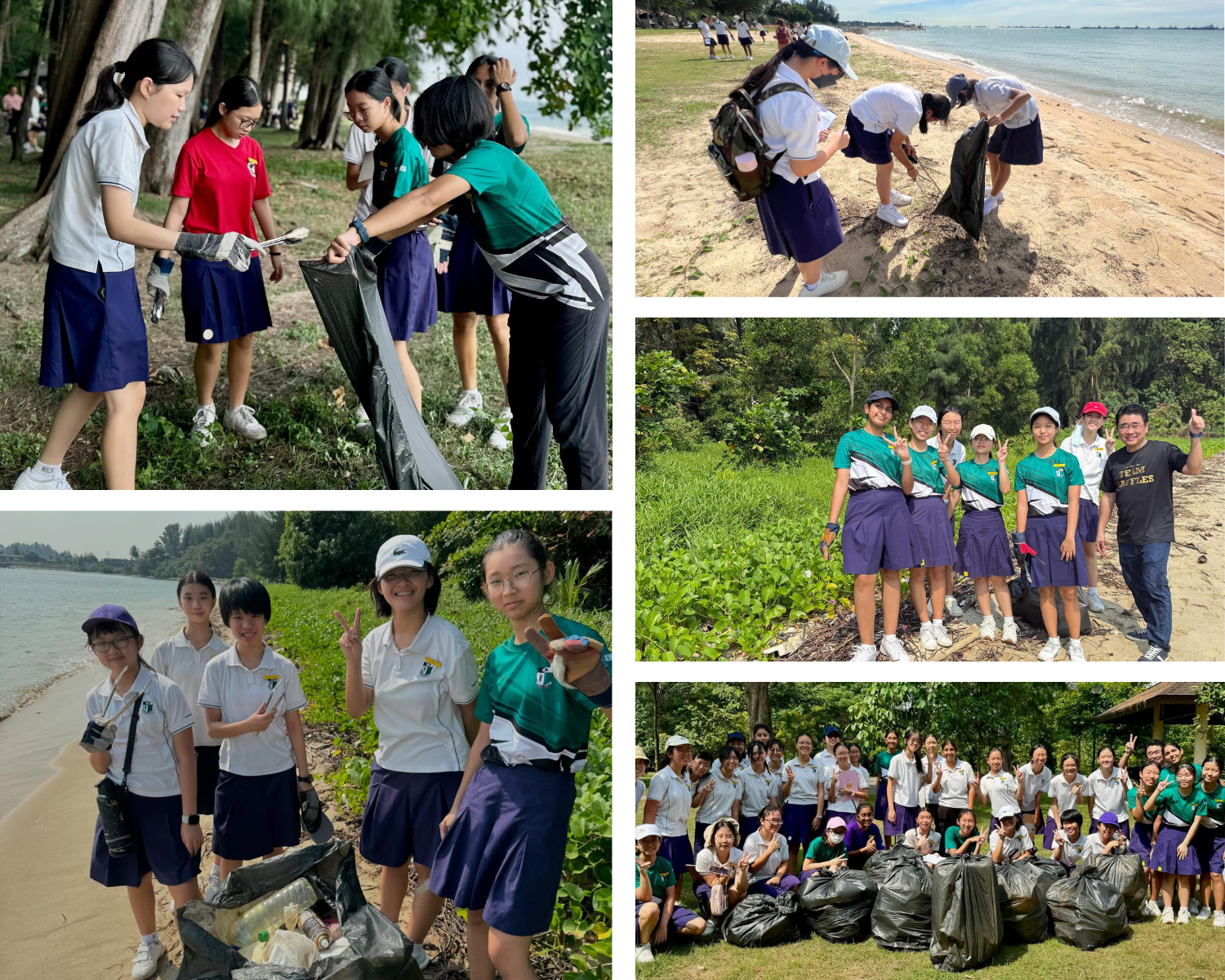 Collage of students cleaning a beach and park, collecting trash bags, and posing in group photos.